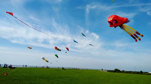 Low angle view of kite flying in field against sky