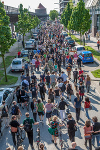 High angle view of crowd on city street