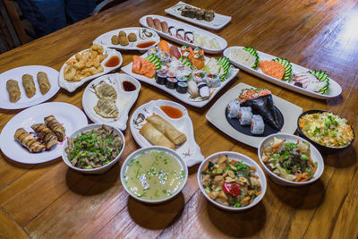 High angle view of meal served on table