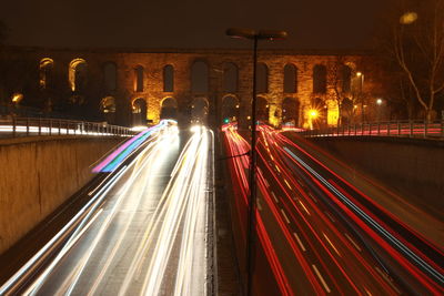 Light trails on road at night