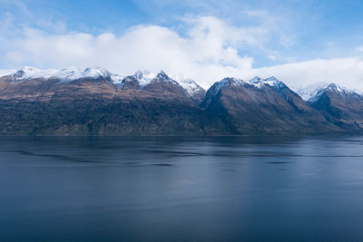 Scenic view of lake and mountains against sky