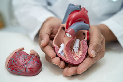 Cropped hand of woman holding heart shape on table