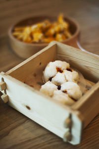 High angle view of food in box on table