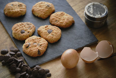 High angle view of cookies on table