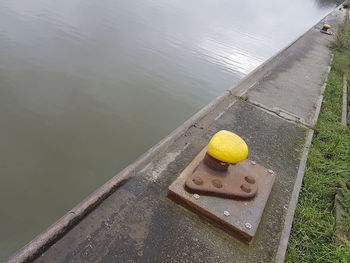 High angle view of retaining wall by lake