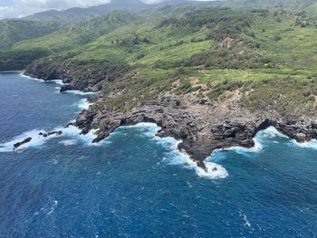 High angle view of sea and mountains