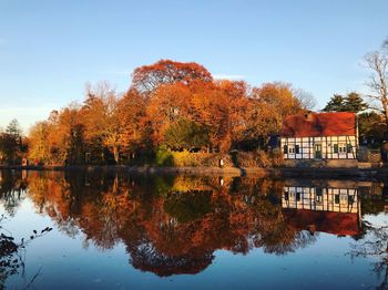 Reflection of trees in lake against sky during autumn