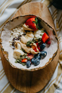 High angle view of breakfast served on table