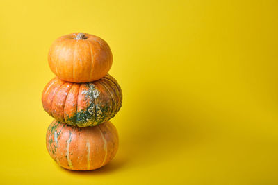 Close-up of pumpkin against yellow background