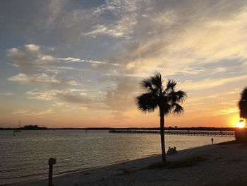 Silhouette palm trees on beach against sky during sunset