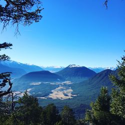 Scenic view of mountains against blue sky