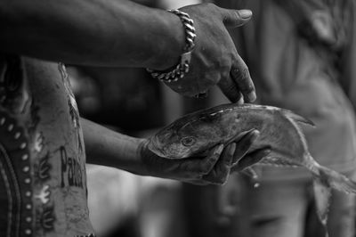 A man holding a fish in the market