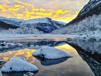 Scenic view of lake by snowcapped mountains against sky