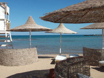 Built structure on beach against clear sky