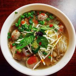 High angle view of soup in bowl on table