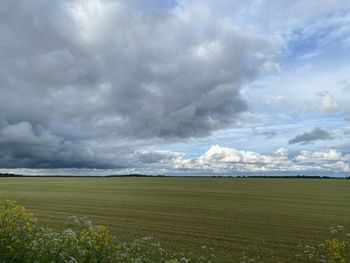 Scenic view of field against cloudy sky