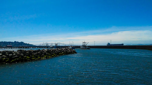 Scenic view of sea against blue sky