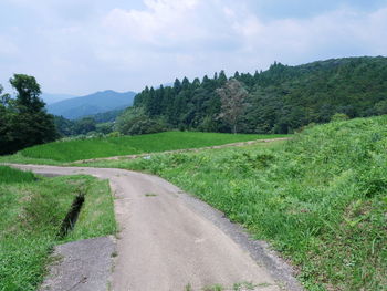 Road amidst green landscape against sky