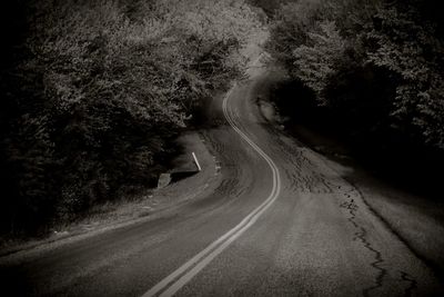 Empty road amidst trees on field at dusk