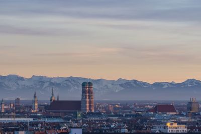 View of cityscape against sky during sunset