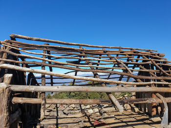 Low angle view of logs against clear blue sky