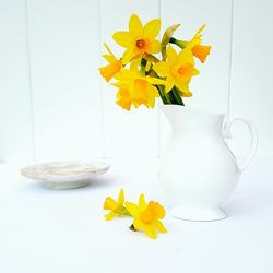 Close-up of yellow daffodil flowers in vase on table