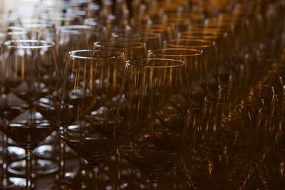 Close-up of wineglasses in row