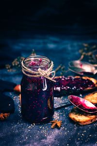 Close-up of preserves in jar on table