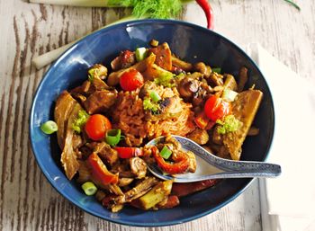 High angle view of food in bowl on table