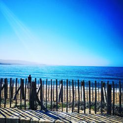 Scenic view of sea against clear blue sky