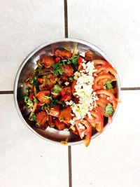 High angle view of salad in bowl on table