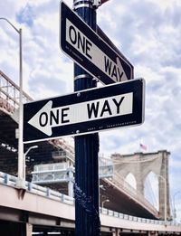 Low angle view of road sign against sky