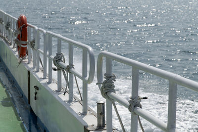 Close-up of railing by sea during summer