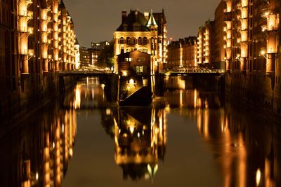 Reflection of buildings in water at night