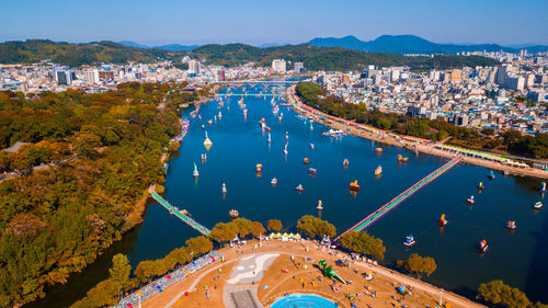 High angle view of buildings in city