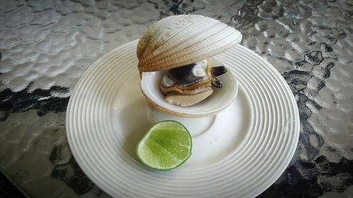 Close-up of crab in plate on table