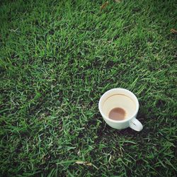 High angle view of coffee cup on grass