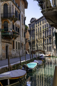 Boats moored in canal by buildings in city