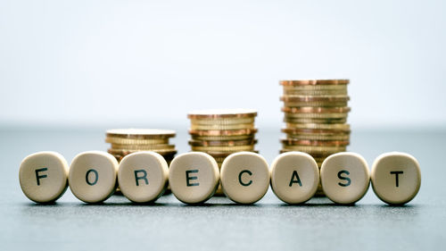 Close-up of objects on table against white background