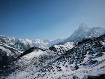 Scenic view of snowcapped mountains against clear sky