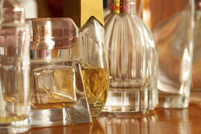 Close-up of wine bottles on table