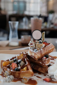 Close-up of dessert served on table