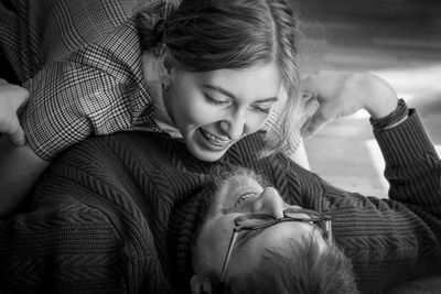 Rear view of mother and daughter