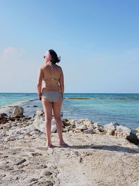 Rear view of young woman standing at beach against sky