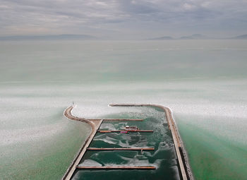 High angle view of ship on sea against sky