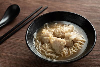 High angle view of rice in bowl on table