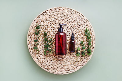 Close-up of wicker basket on wall