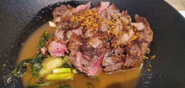 High angle view of food in cooking pan