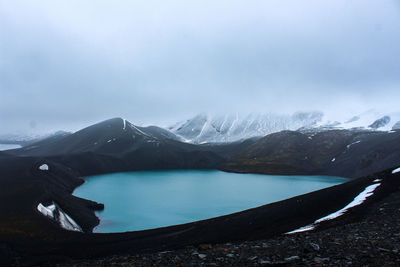 Scenic view of lake and snowcapped mountains against sky