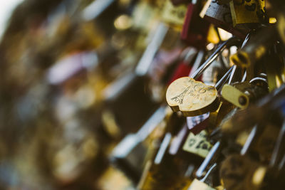 Close-up of padlocks on metal
